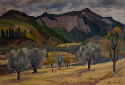 Orini Corinthia, Trees, Mountain, Dark Color — Oil painting, Canvas, 50.00×73.00cm — Theodoros Markellos